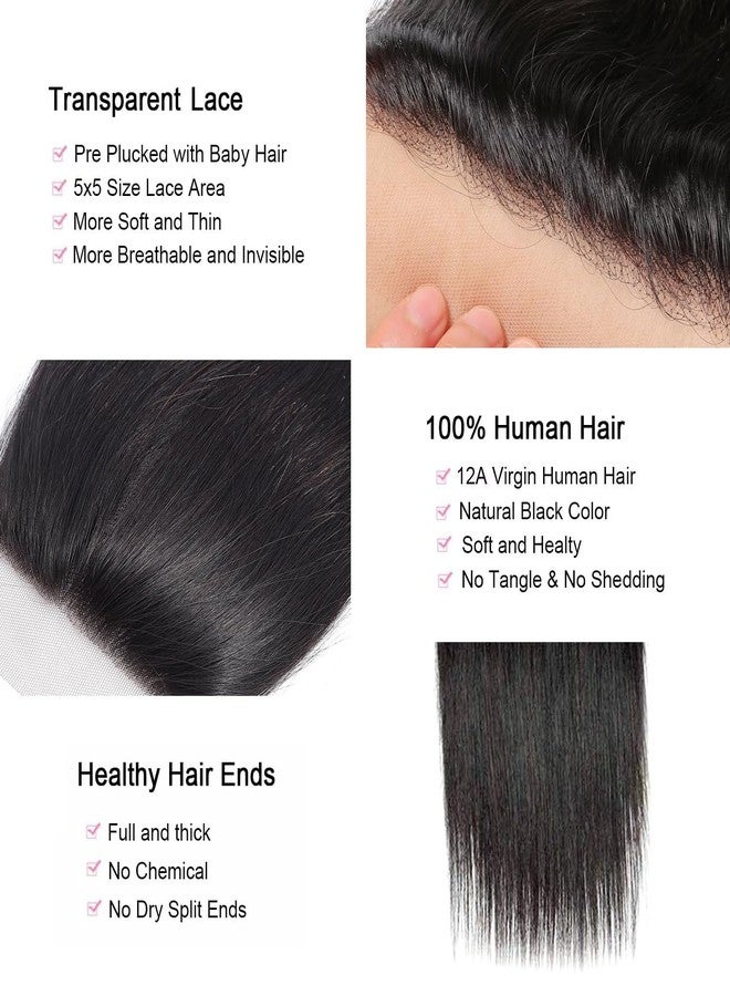 XSY 5x5 hd lace closure Straight frontal hd lace Ultra Thin Invisible Virgin Human Hair Closure Pre Plucked Natural Hairline with Baby Hair Natural Black Color 14 Inch - Image 4